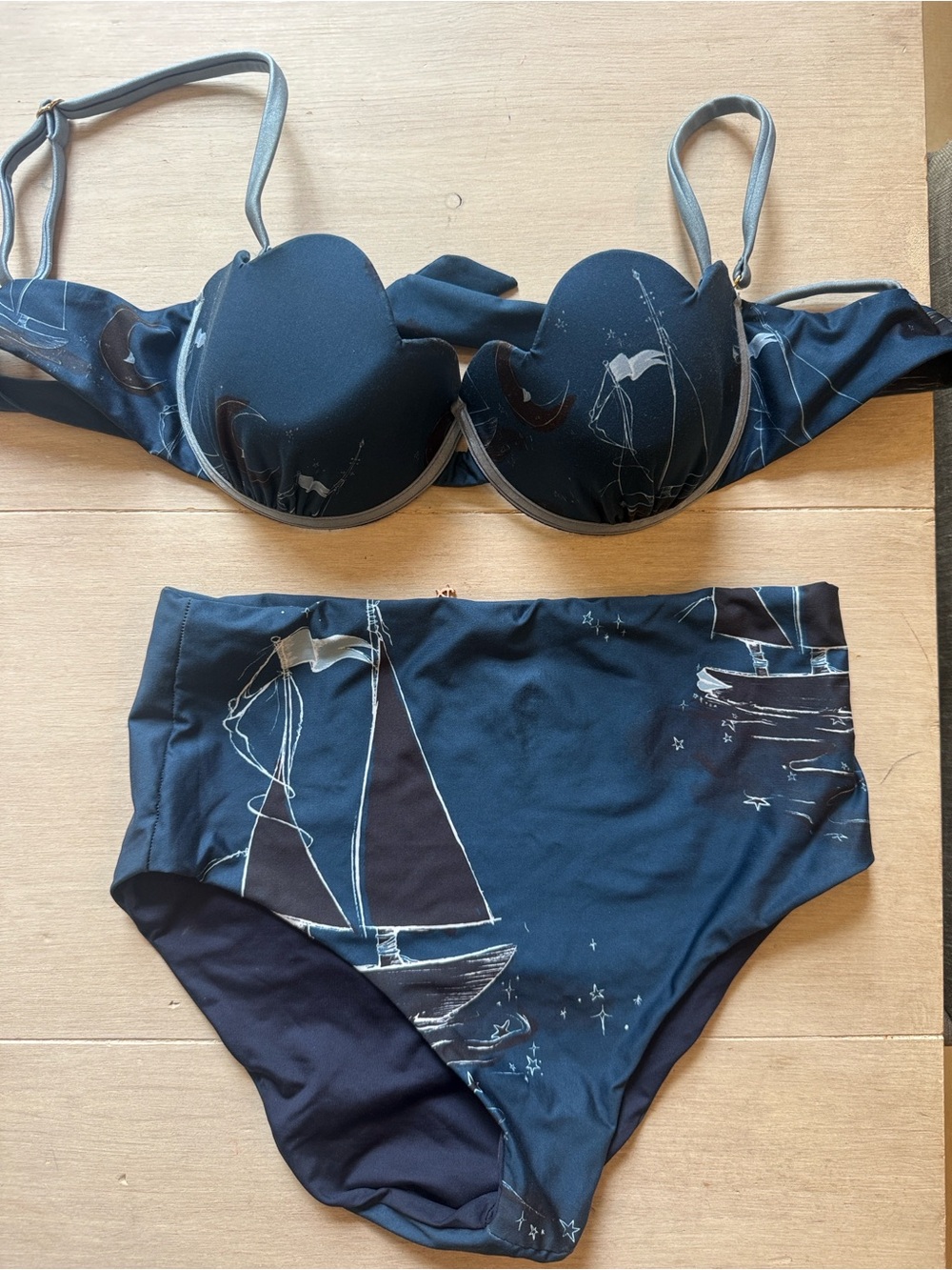 Navy Sailboat Print High-Waist Bikini Set